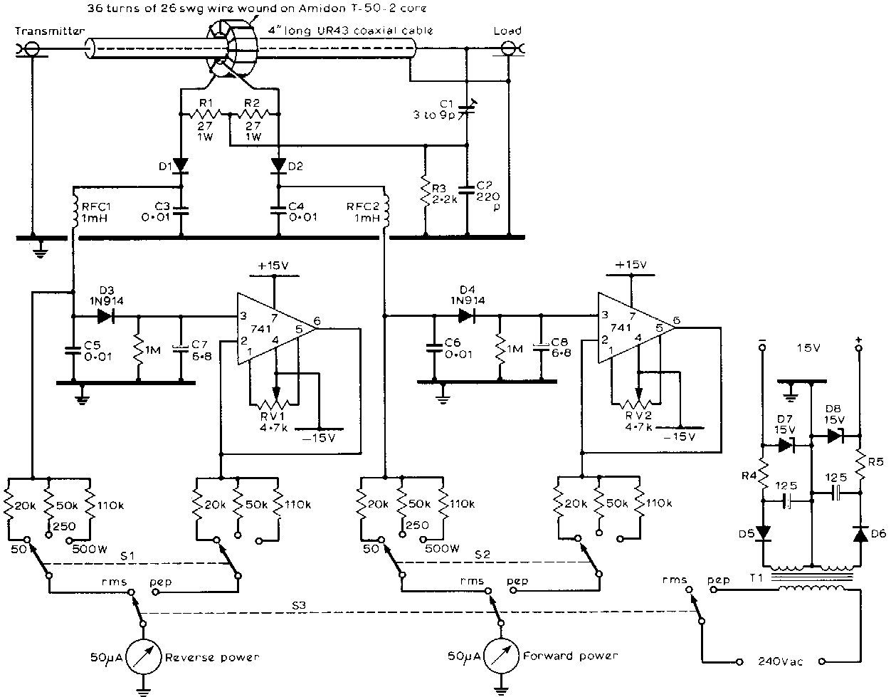 Circuit of in-line rms/p.e.p. wattmeter