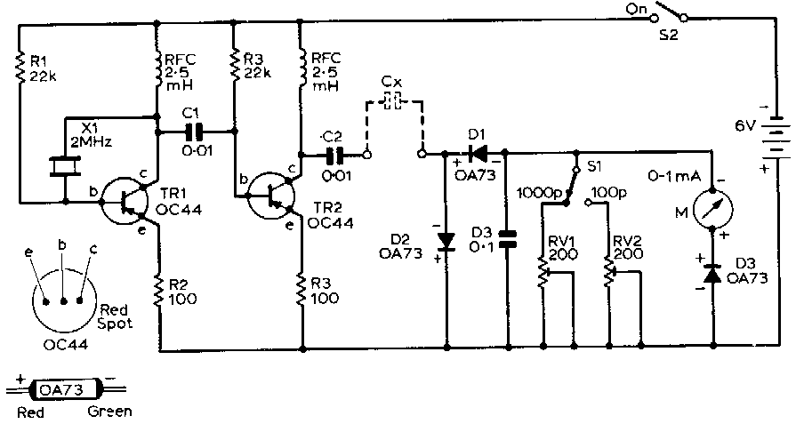 Circuit diagram of the simple direct-reading capacitance meter