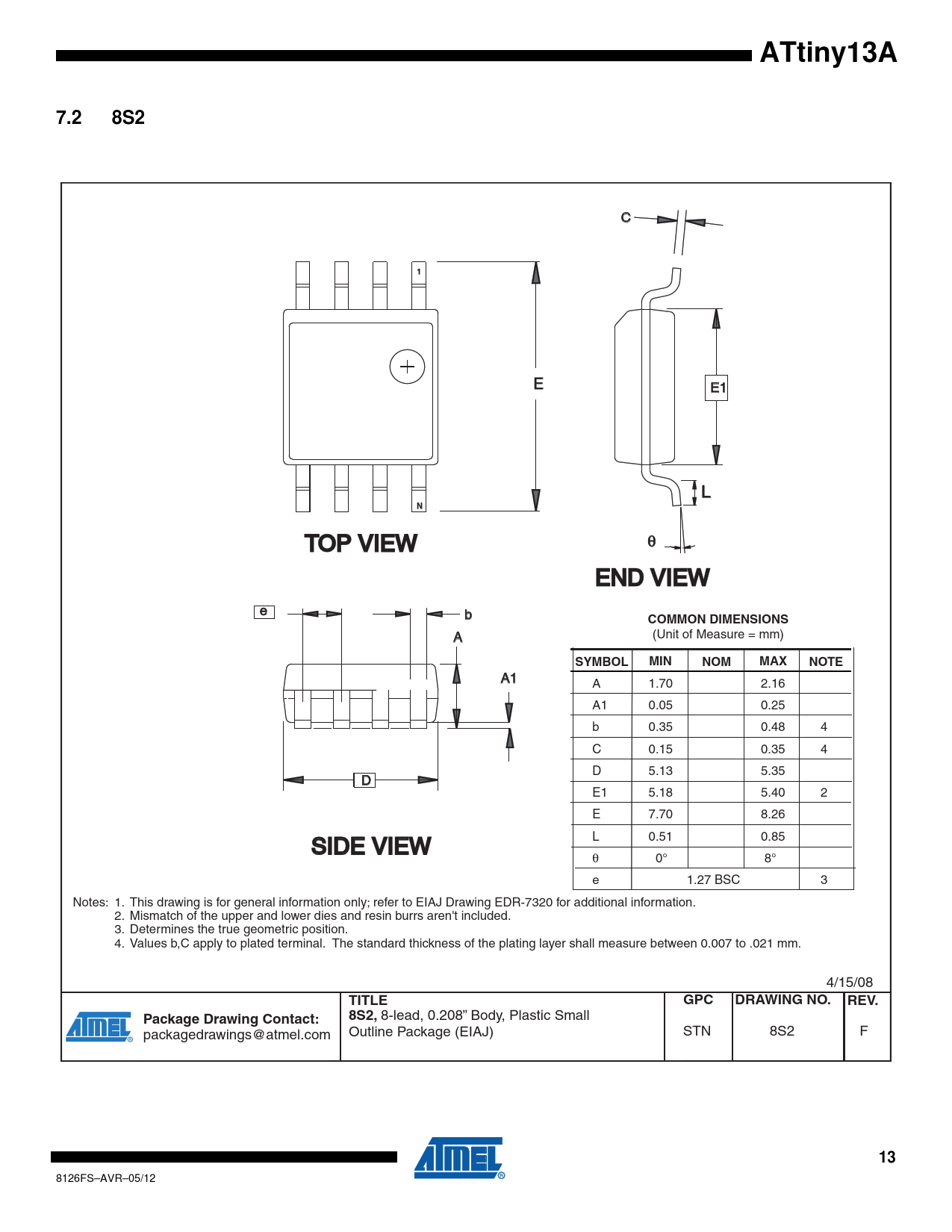 ATtiny13A. 7.2. 8S2. COMMON DIMENSIONS. SYMBOL. MIN. NOM. MAX. NOTE ...
