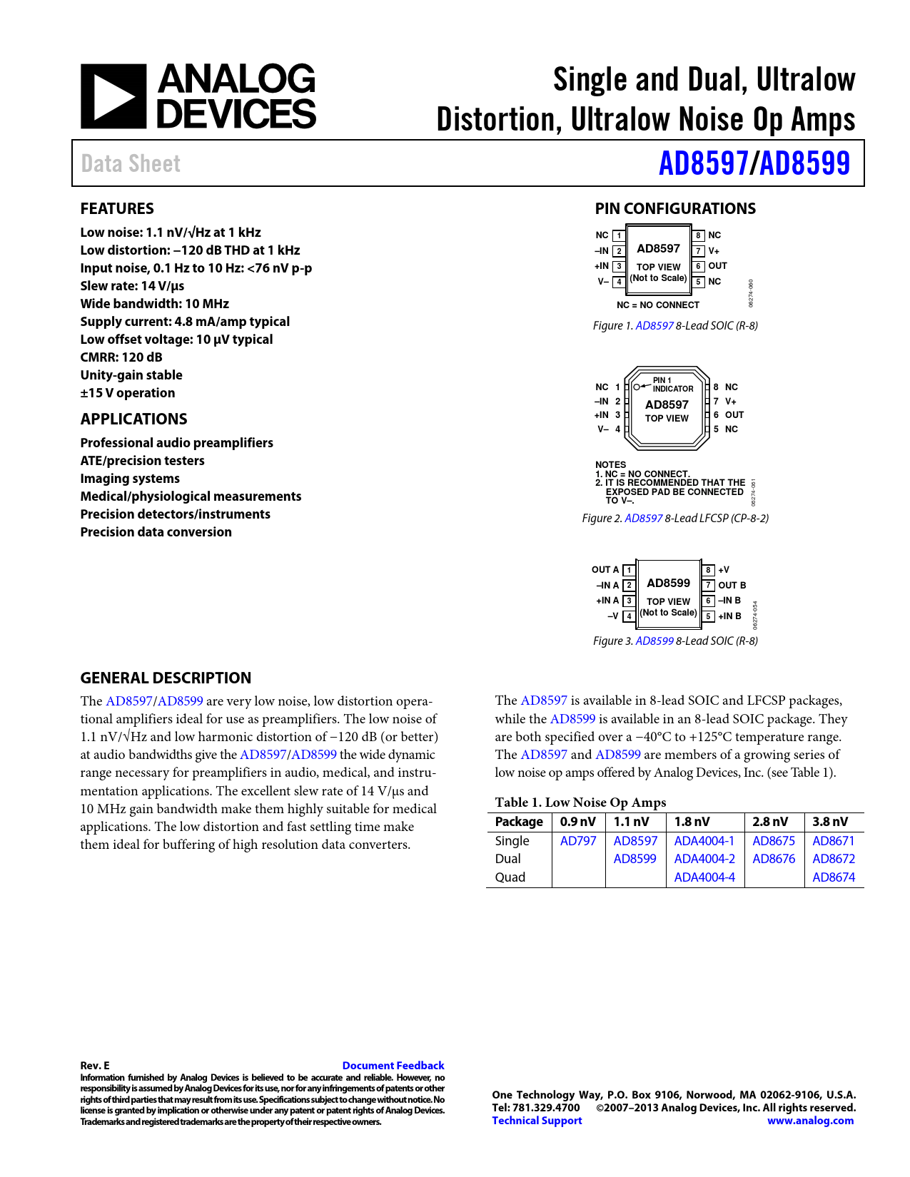 Datasheet AD8597, AD8599 Analog Devices, Версия: F
