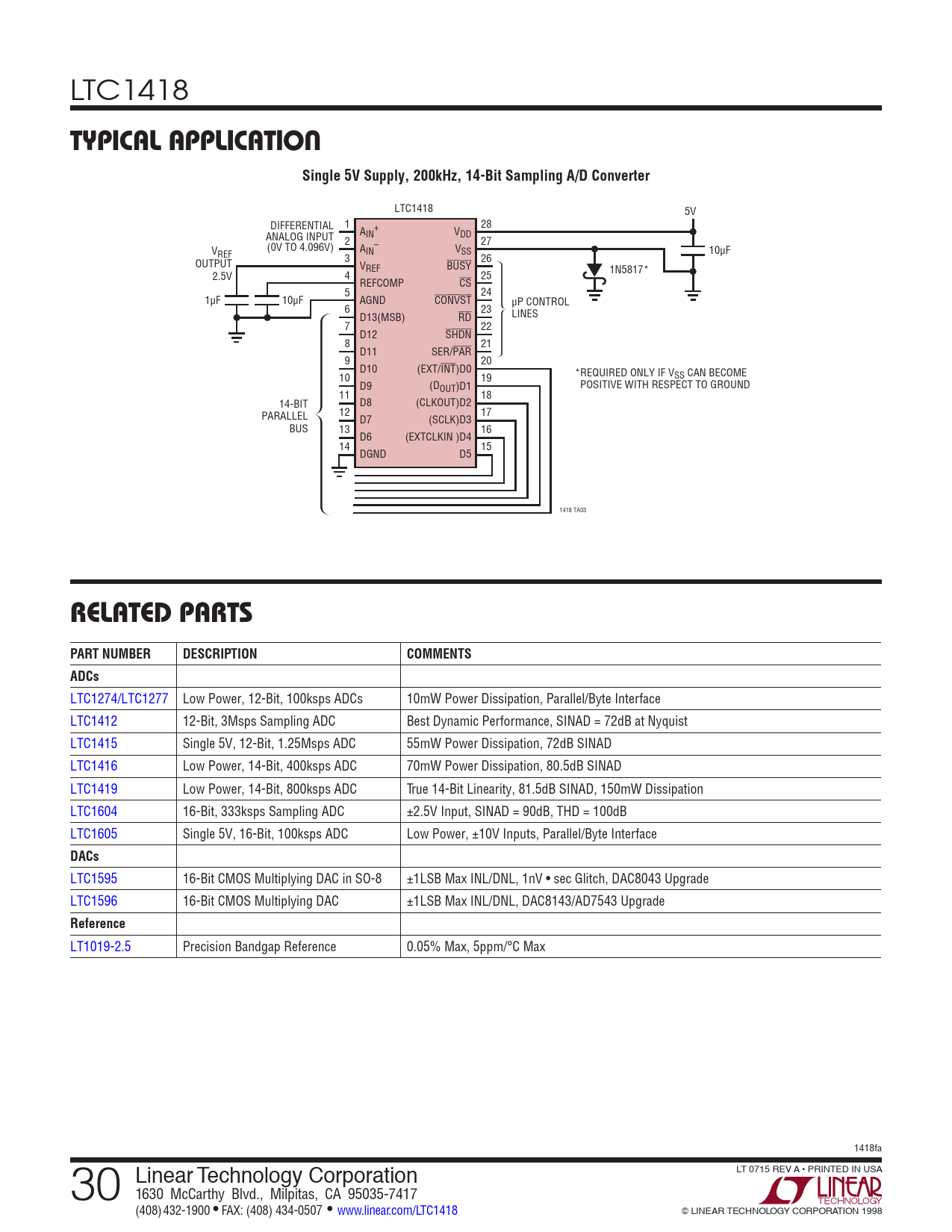 TYPICAL APPLICATION Single 5V Supply, 200kHz, 14-Bit Sampling A/D Converter RELATED PARTS PART NUMBER DESCRIPTION COMMENTS