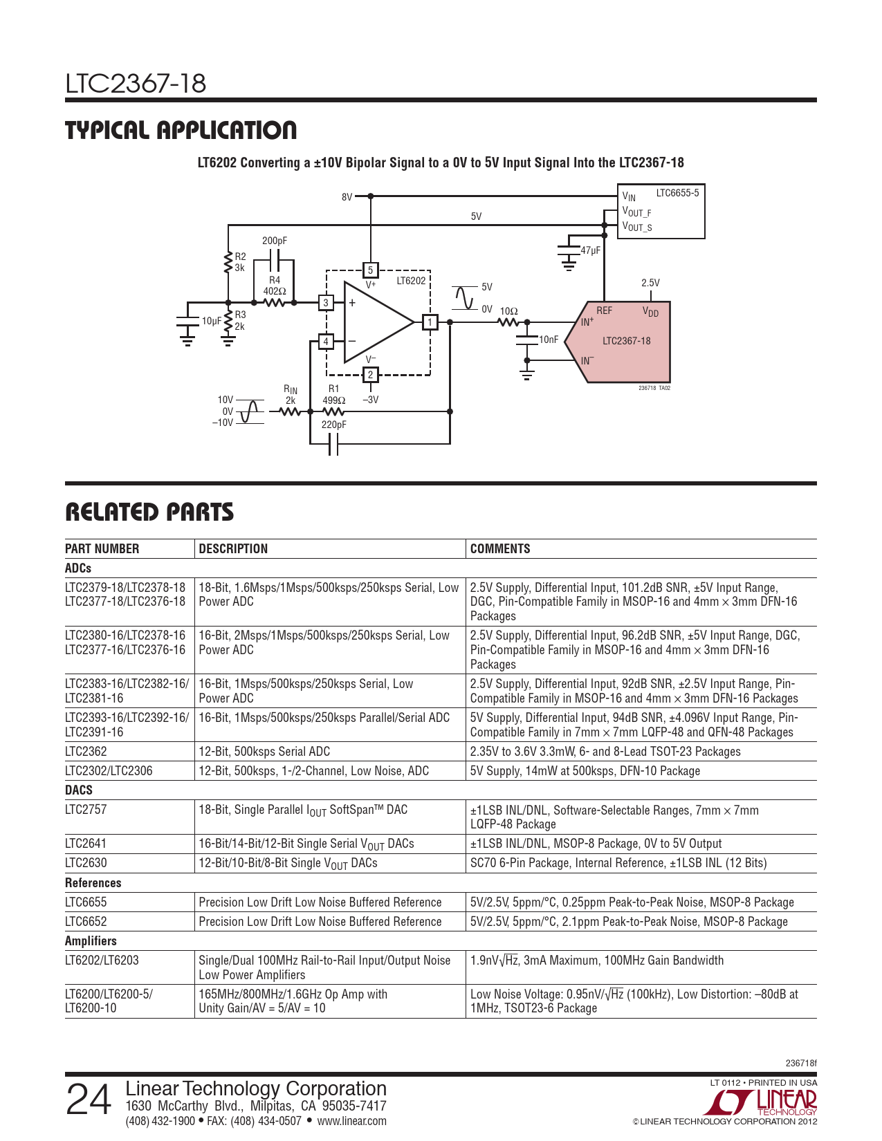 TYPICAL APPLICATION. LT6202 Converting a ±10V Bipolar Signal to a 0V to ...