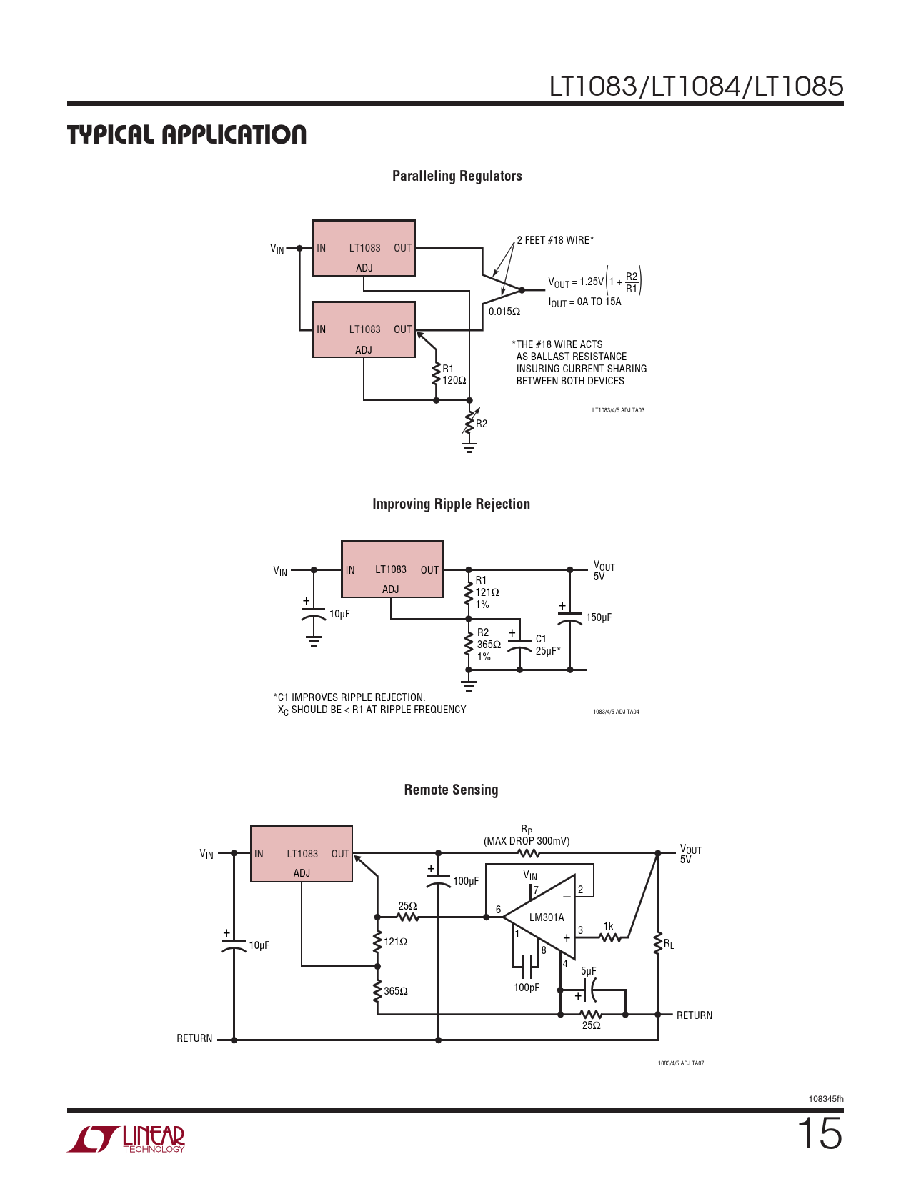 Typical applicaTion. Paralleling Regulators. Improving Ripple Rejection.  Remote Sensing - Datasheet LT1083, LT1084, LT1085 Analog Devices