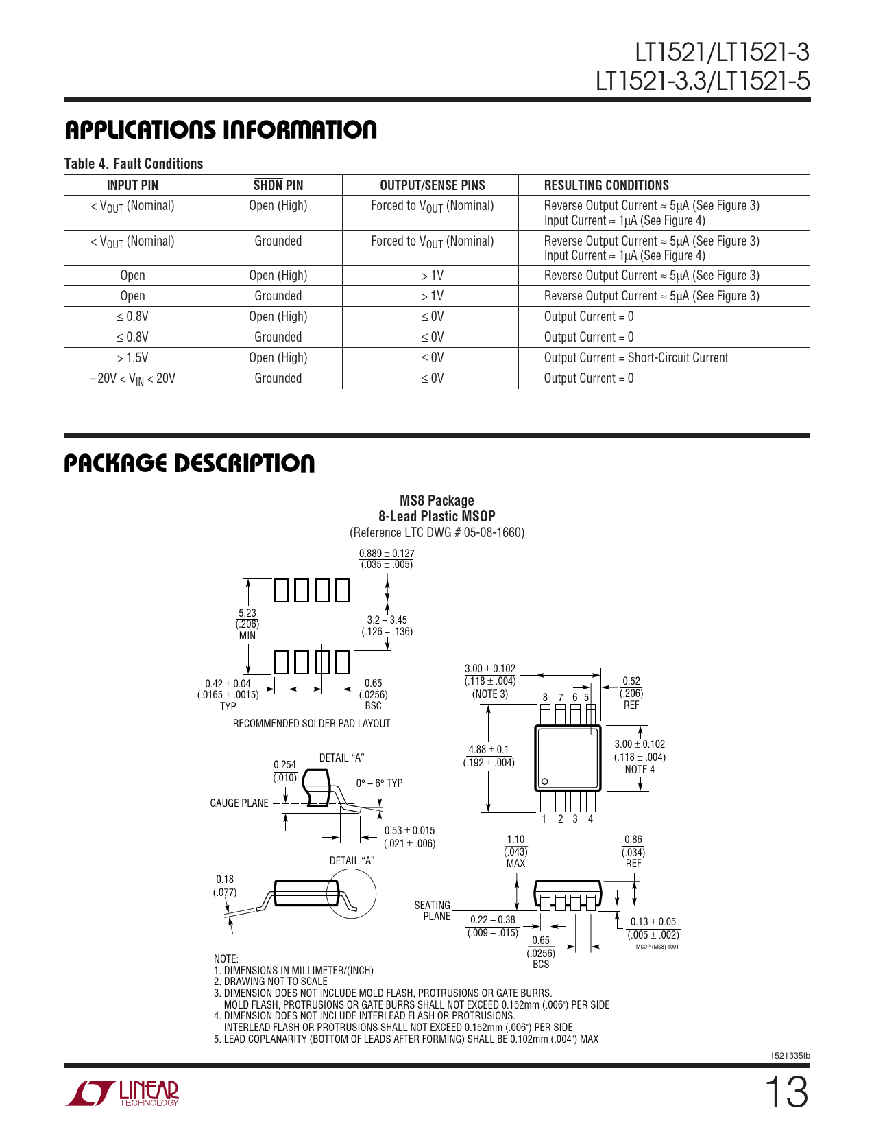 APPLICATIONS INFORMATION. Table 4. Fault Conditions. INPUT PIN. SHDN