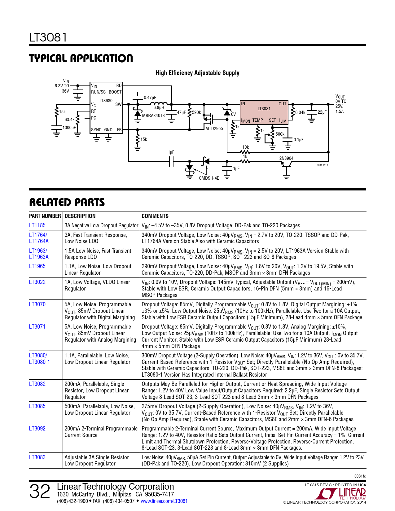 Typical applicaTion High Efficiency Adjustable Supply relaTeD parTs PART NUMBER DESCRIPTION COMMENTS
