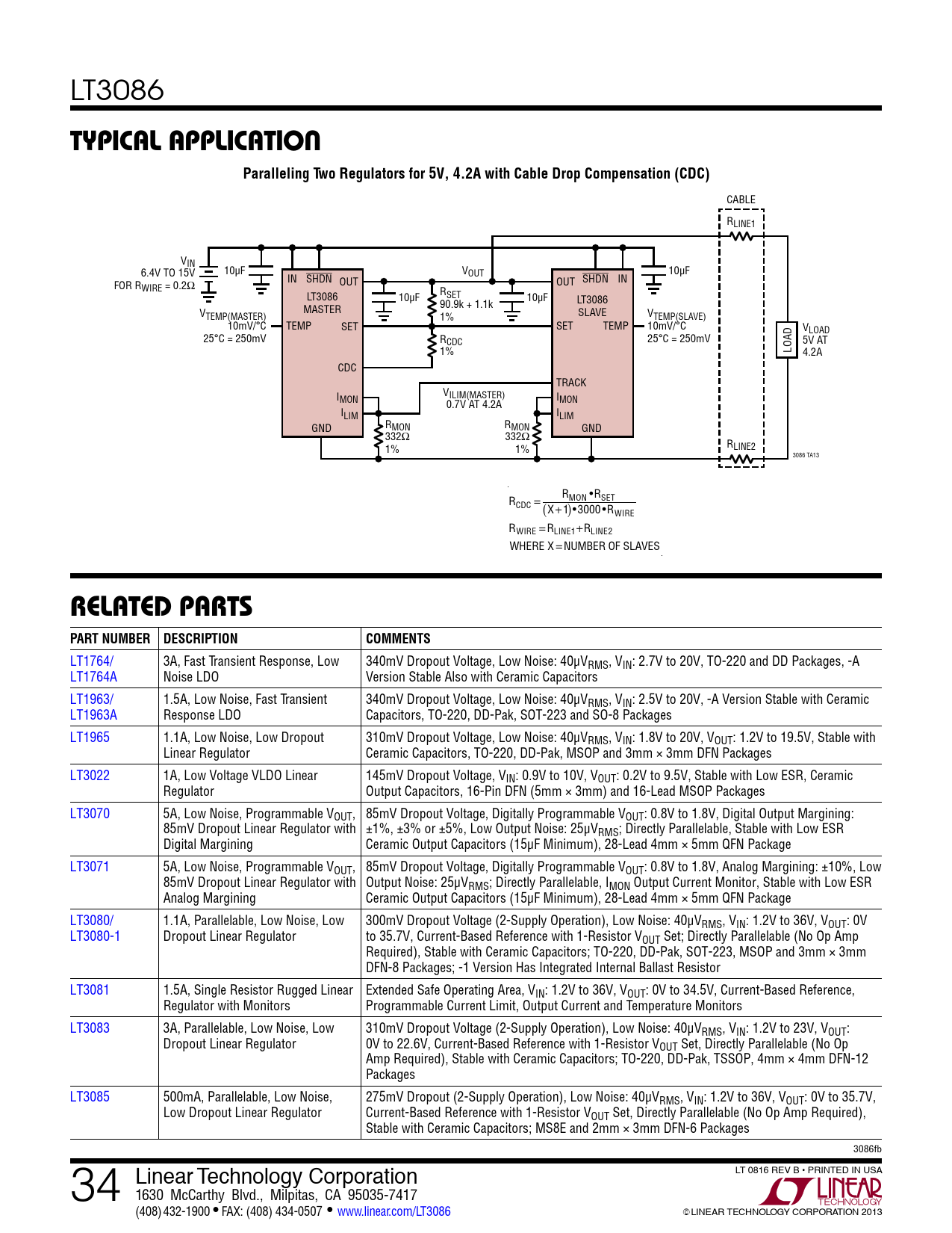 Typical applicaTion Paralleling Two Regulators for 5V, 4.2A with Cable Drop Compensation (CDC)