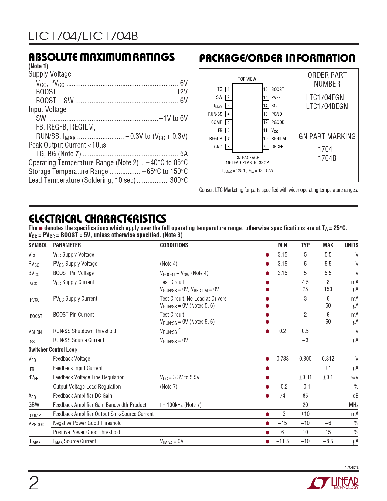 ABSOLUTE AXI U RATI GS PACKAGE/ORDER I FOR ATIO (Note 1) ELECTRICAL CHARACTERISTICS The
