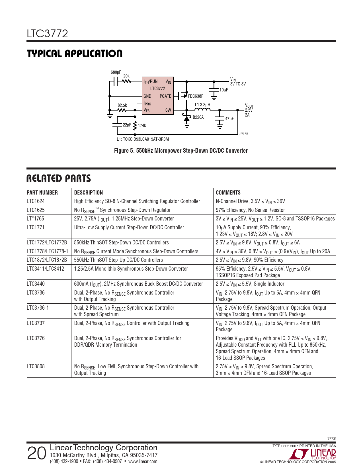 TYPICAL APPLICATIO Figure 5 550kHz Micropower Step-Down DC/DC Converter RELATED PARTS PART NUMBER DESCRIPTION COMMENTS