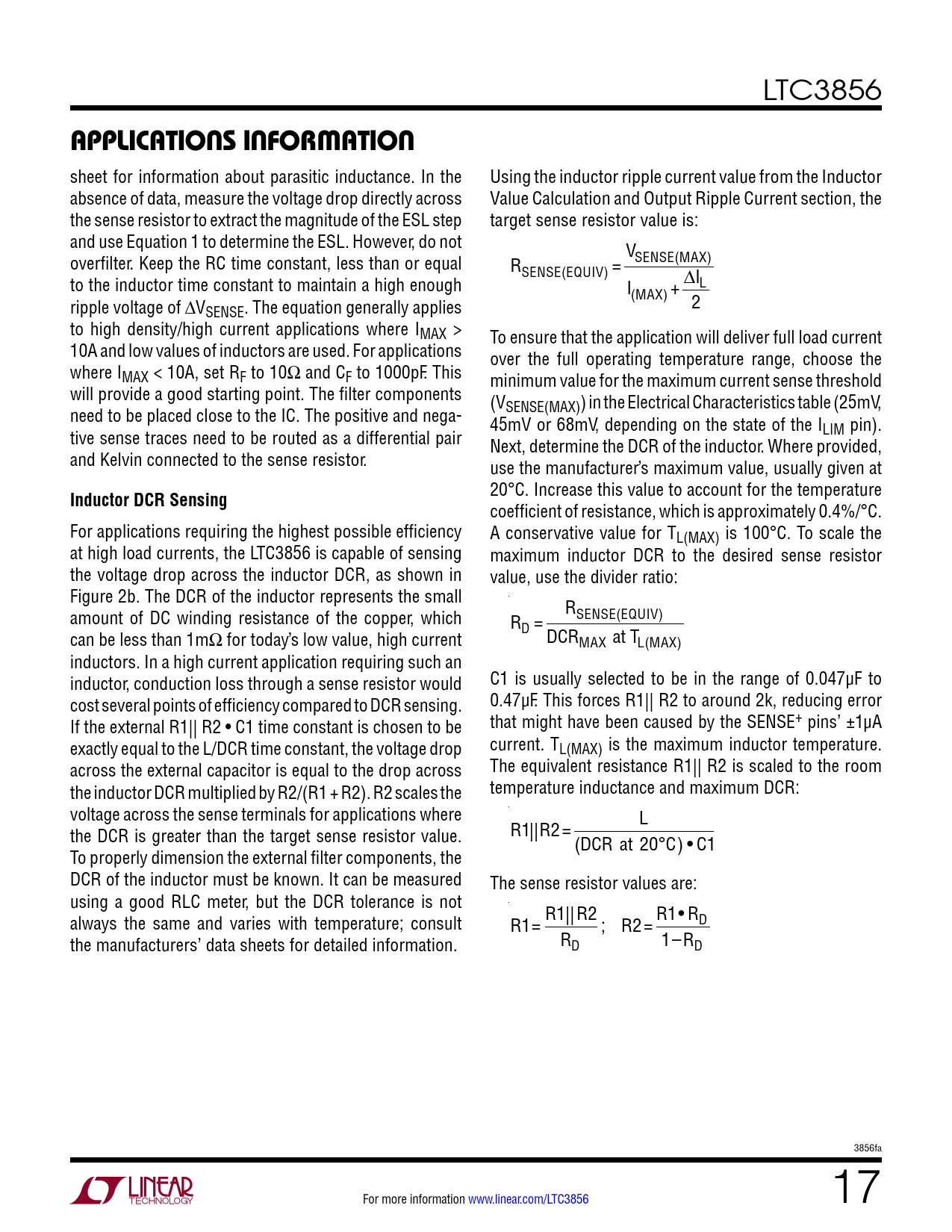 applicaTions inForMaTion. Inductor DCR Sensing Datasheet LTC3856 Analog Devices