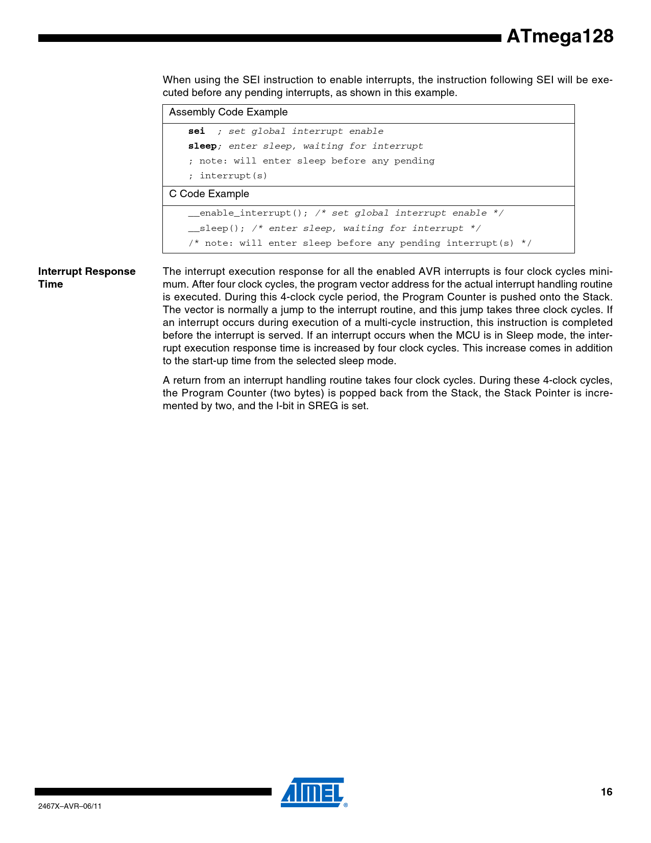 ATmega128. sei. sleep. Interrupt Response. Time - Datasheet ATmega128 ...