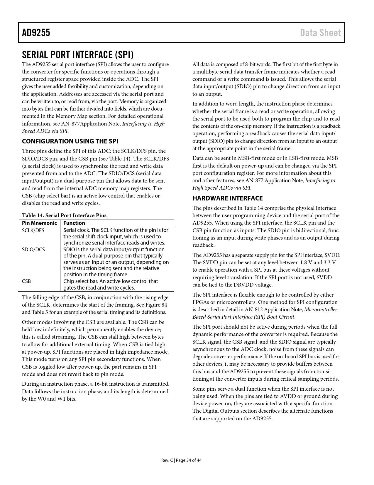 AD9255. Data Sheet. SERIAL PORT INTERFACE (SPI). CONFIGURATION USING