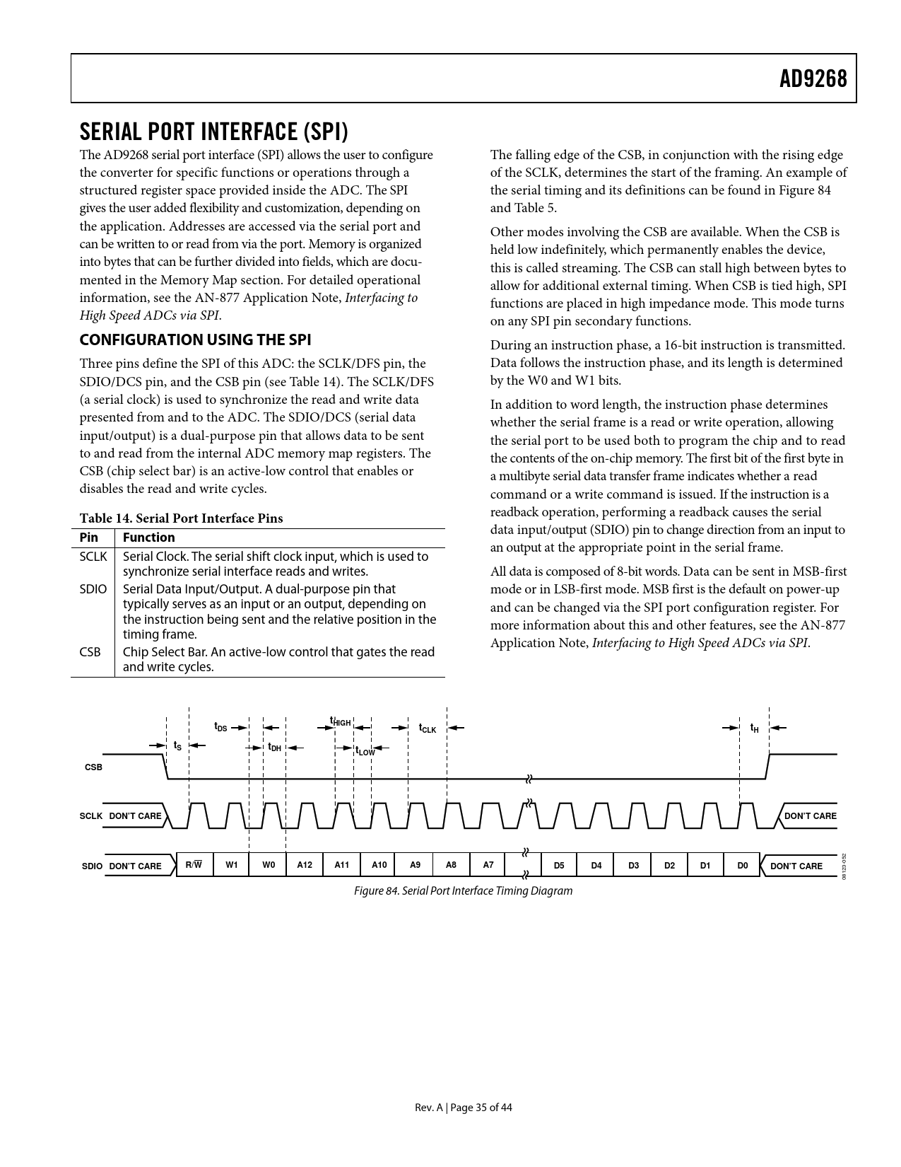 AD9268. SERIAL PORT INTERFACE (SPI). CONFIGURATION USING THE SPI. Table