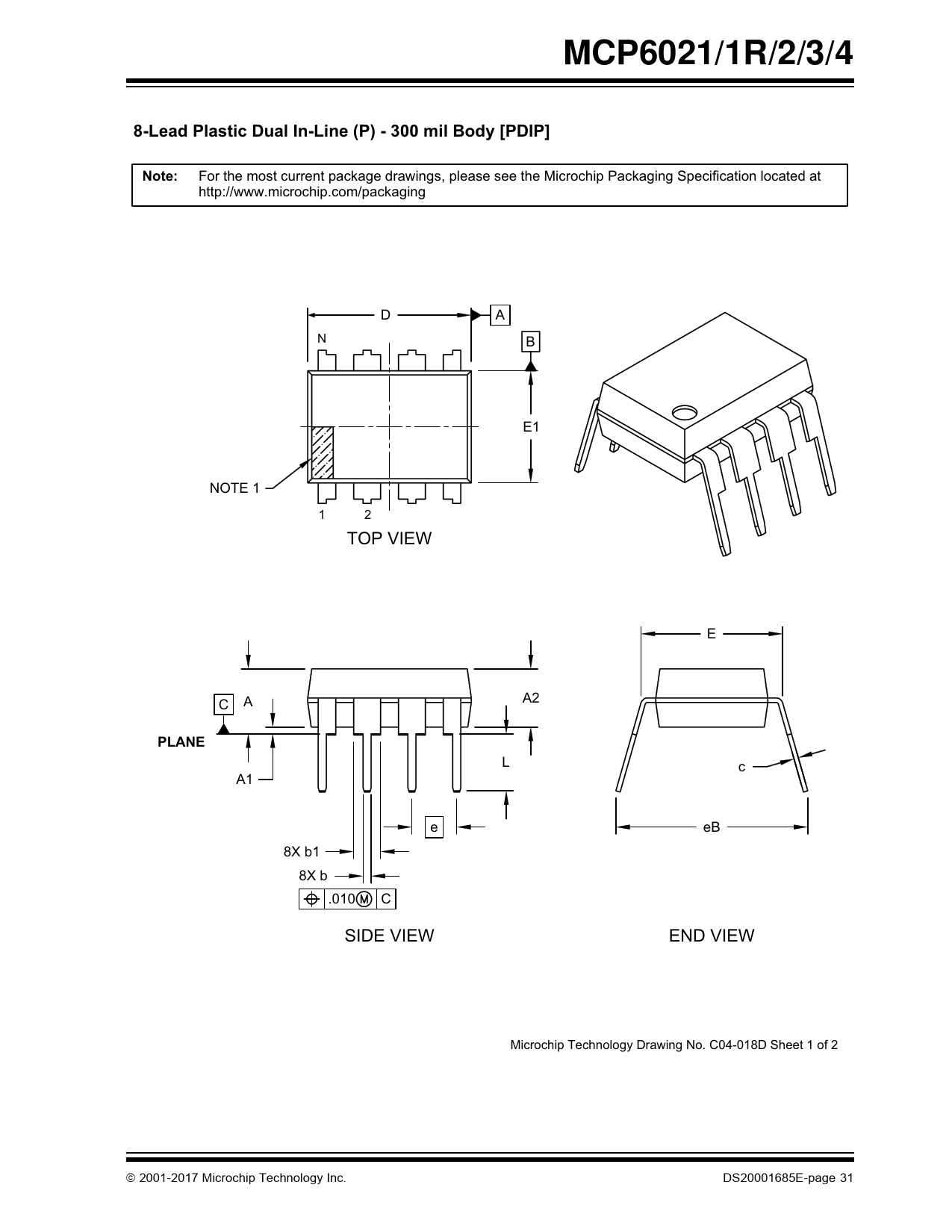 MCP6021/1R/2/3/4. 8-Lead Plastic Dual In-Line (P) - 300 mil Body [PDIP ...