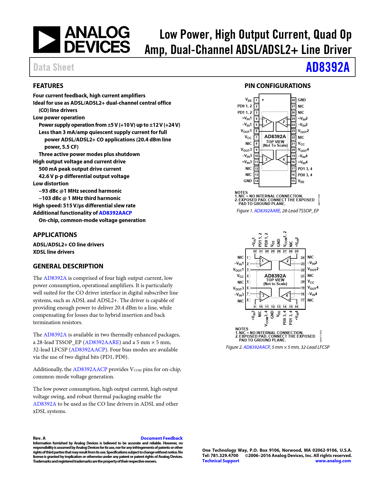 Datasheet AD8392A Analog Devices, Revision: A