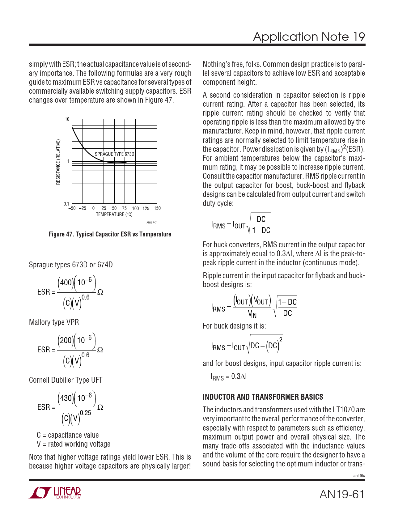 Figure 47. Typical Capacitor ESR vs Temperature. INDUCTOR AND