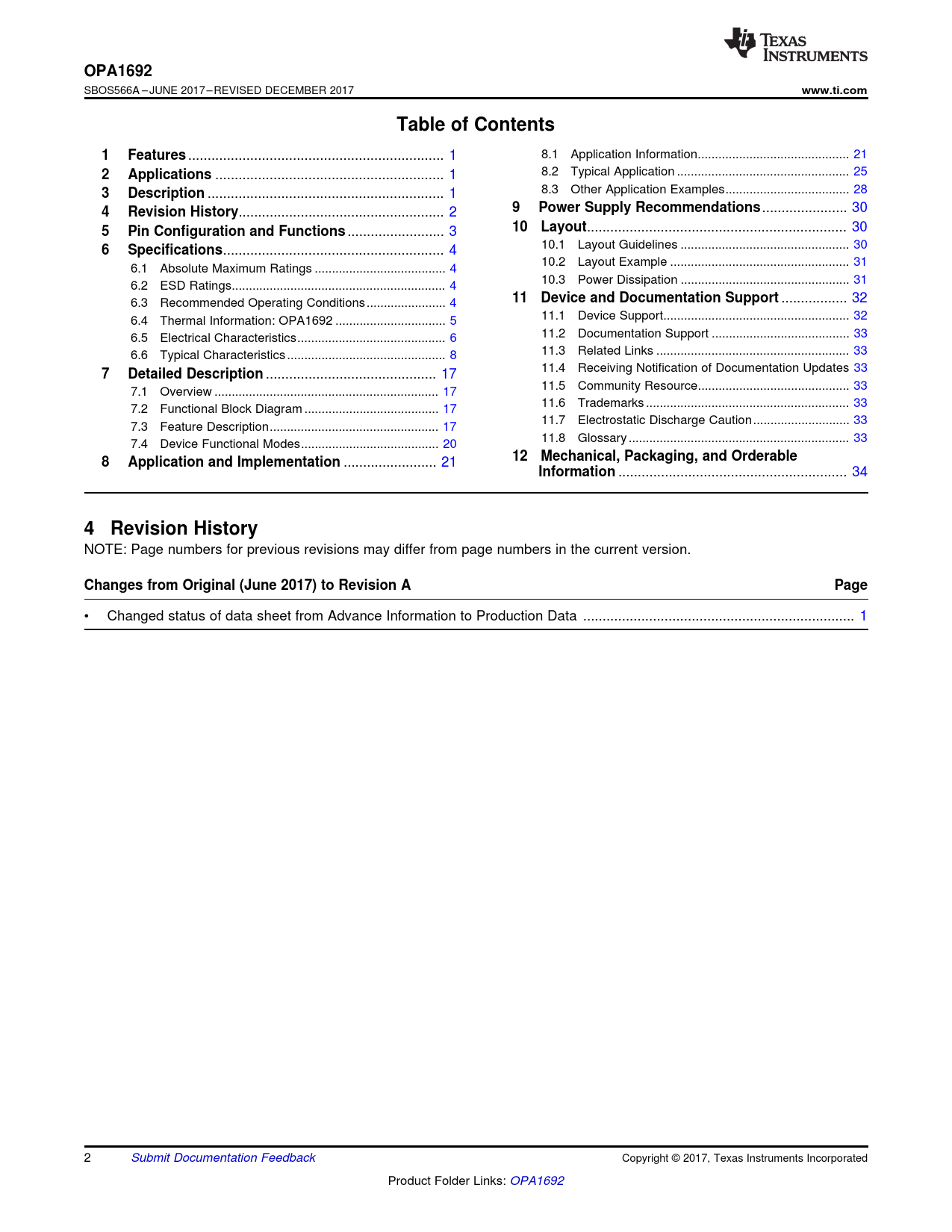 OPA1692 www.ti.com Table of Contents Features Applications Description Revision History Power Supply Recommendations