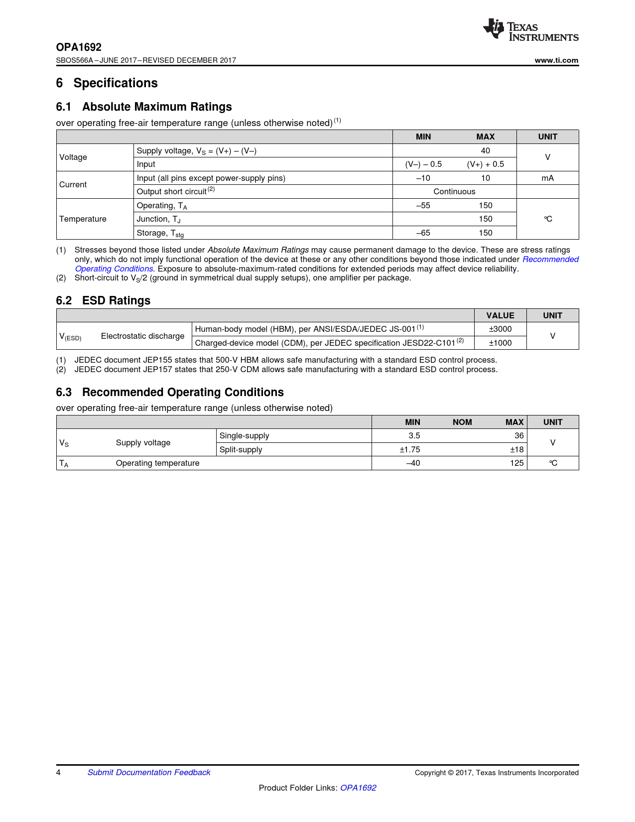 OPA1692 www.ti.com 6 Specifications 6.1 Absolute Maximum Ratings MIN MAX UNIT 6.2 ESD Ratings VALUE