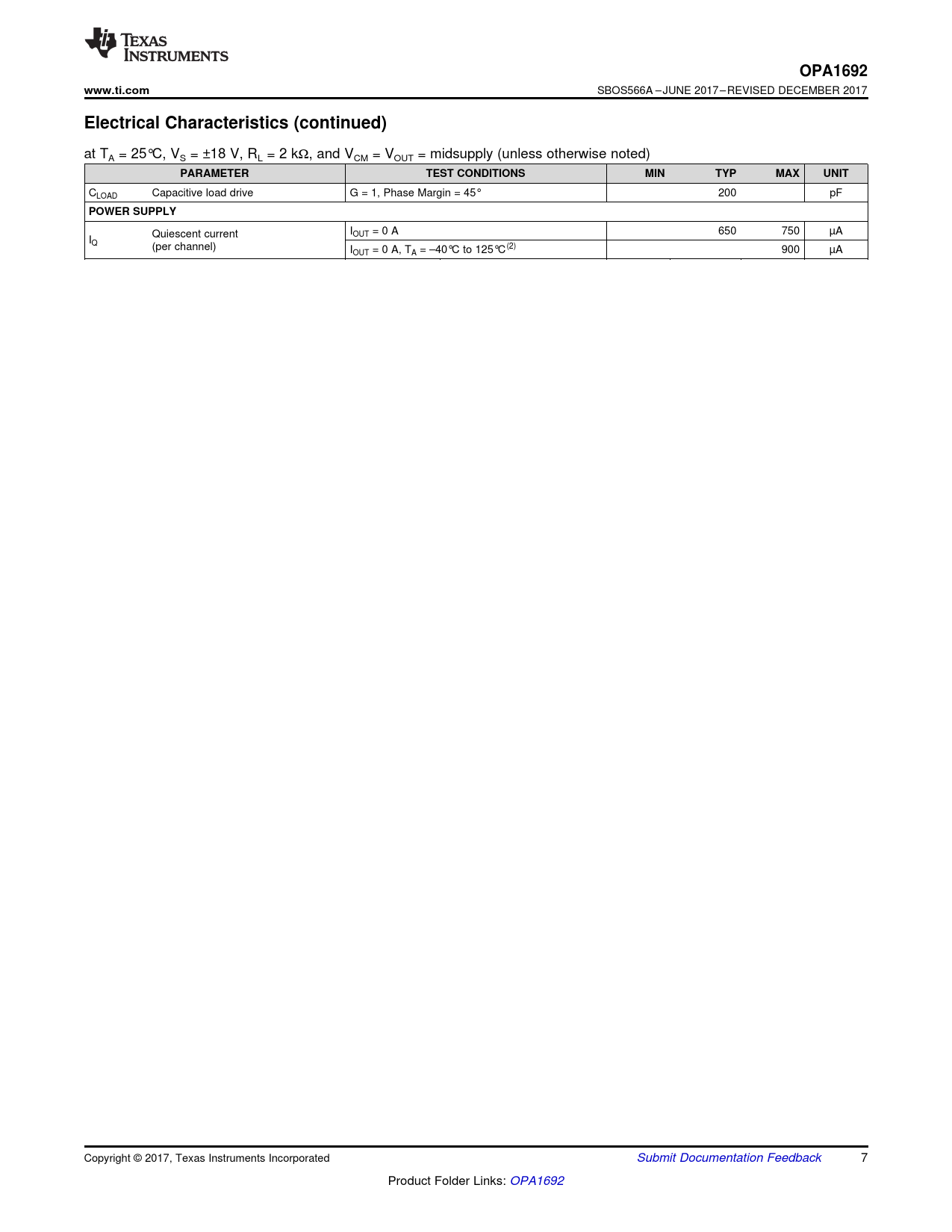 OPA1692 www.ti.com Electrical Characteristics (continued) PARAMETER TEST CONDITIONS MIN TYP MAX UNIT POWER SUPPLY