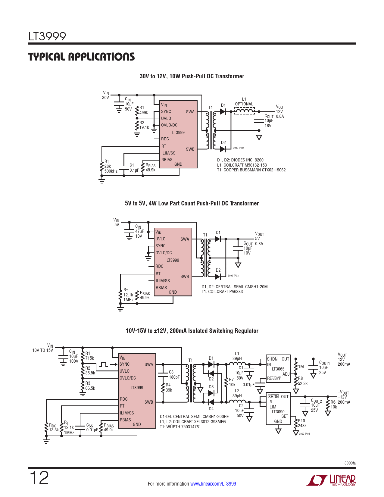 TYPICAL APPLICATIONS 30V to 12V, 10W Push-Pull DC Transformer 5V to 5V, 4W Low Part Count Push-Pull DC Transformer
