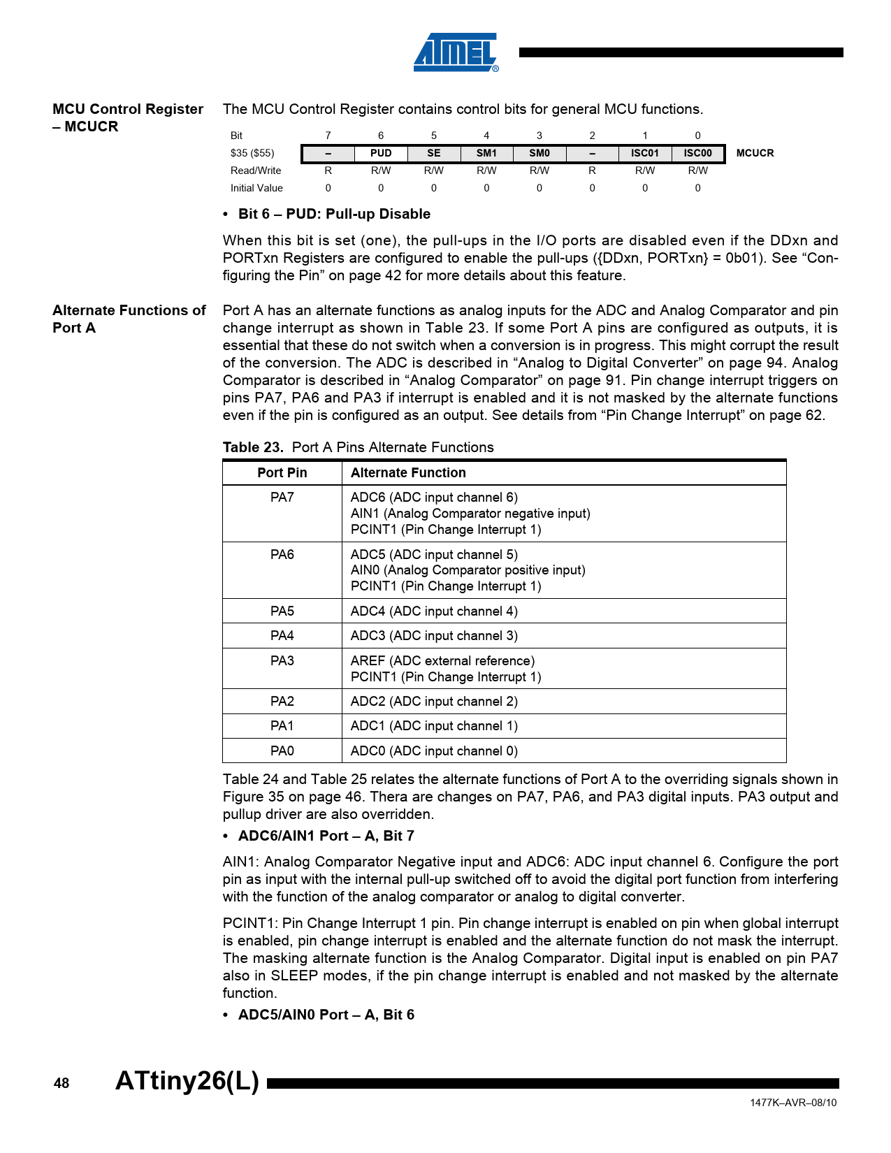 MCU Control Register. – MCUCR. PUD. SM1. SM0. ISC01. ISC00. MCUCR ...