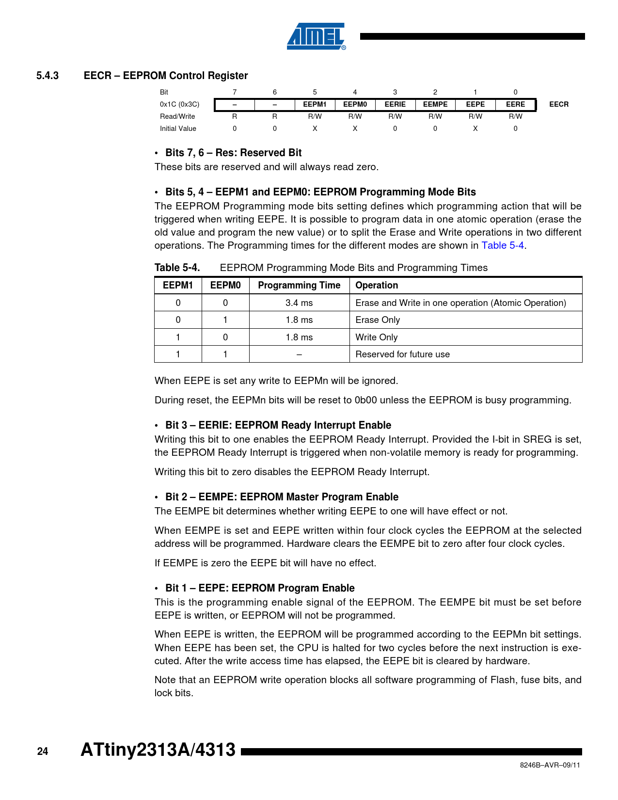 5.4.3. EECR – EEPROM Control Register. EEPM1. EEPM0. EERIE. EEMPE. EEPE ...