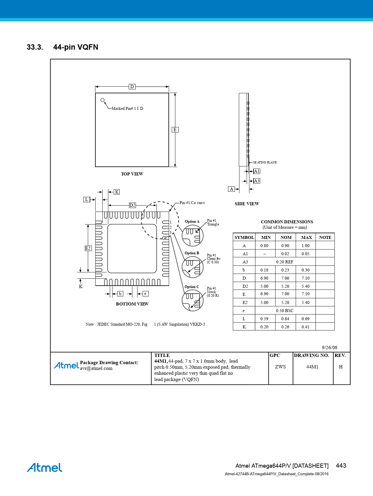 33.3. 44-pin VQFN. TOP VIEW. SIDE VIEW. Option A. COMMON DIMENSIONS ...