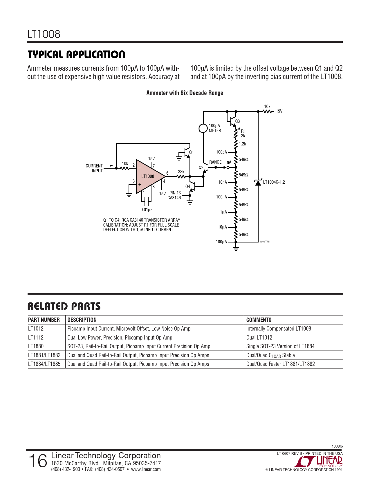 TYPICAL APPLICATIO Ammeter with Six Decade Range RELATED PARTS PART NUMBER DESCRIPTION COMMENTS