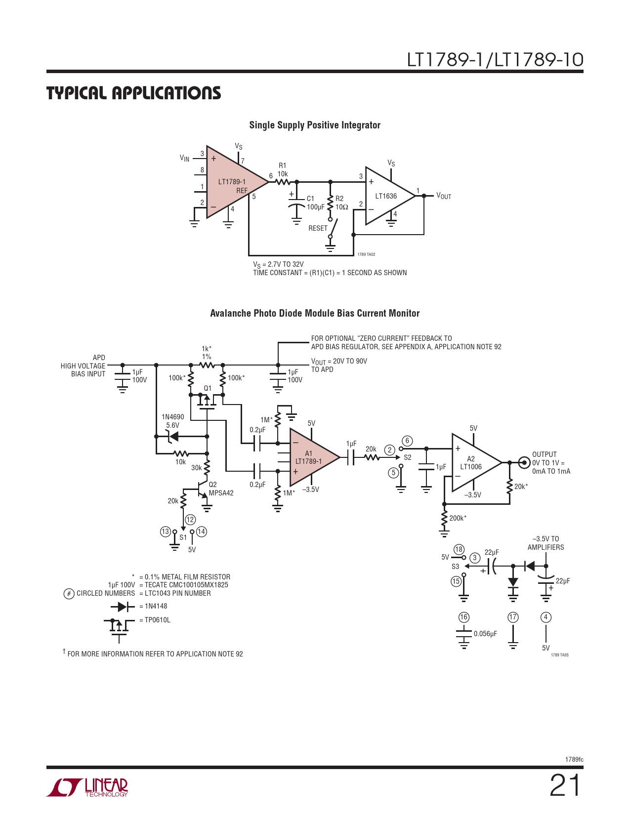 TYPICAL APPLICATIONS Single Supply Positive Integrator Avalanche Photo Diode Module Bias Current Monitor