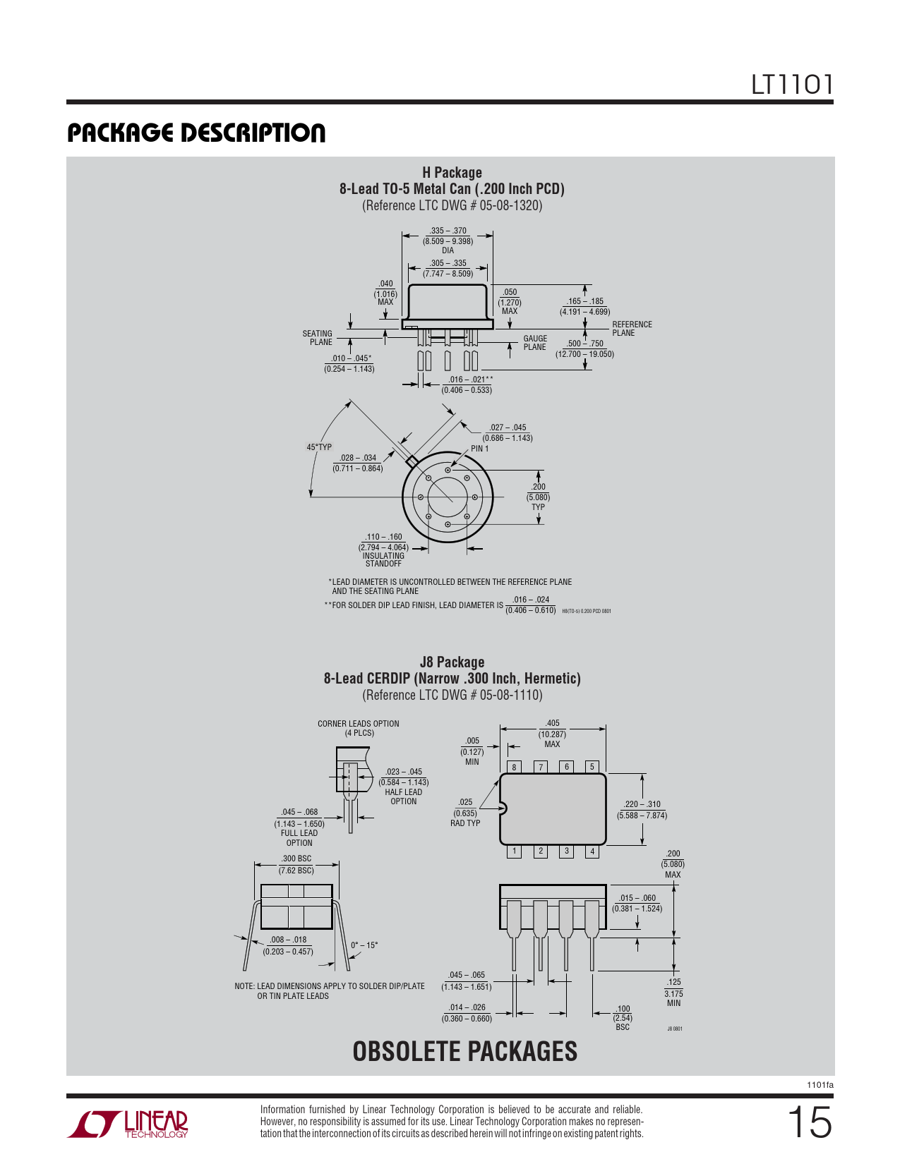 PACKAGE DESCRIPTIO. H Package. 8-Lead TO-5 Metal Can (.200 Inch 