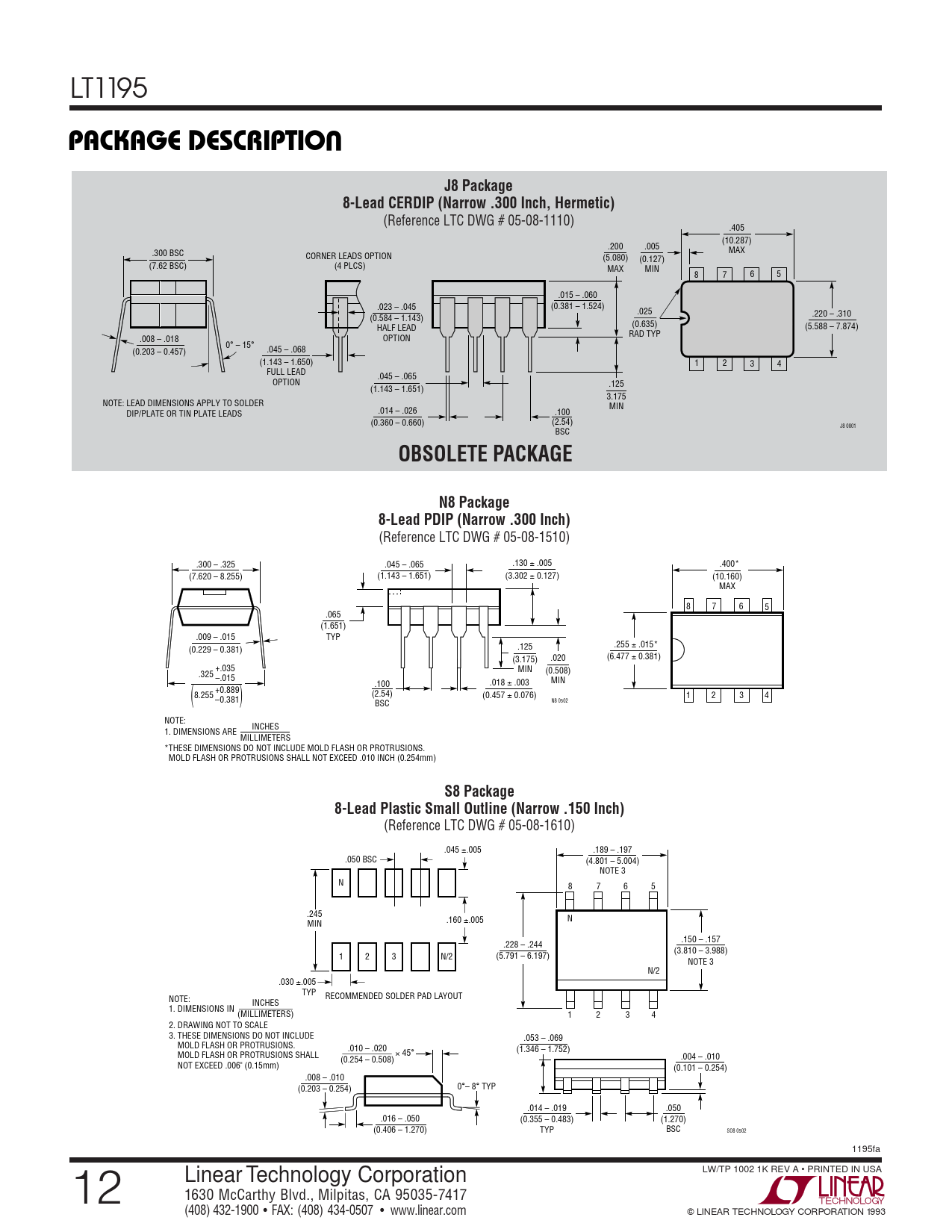 PACKAGE DESCRIPTIO. J8 Package. 8-Lead CERDIP (Narrow .300 Inch 