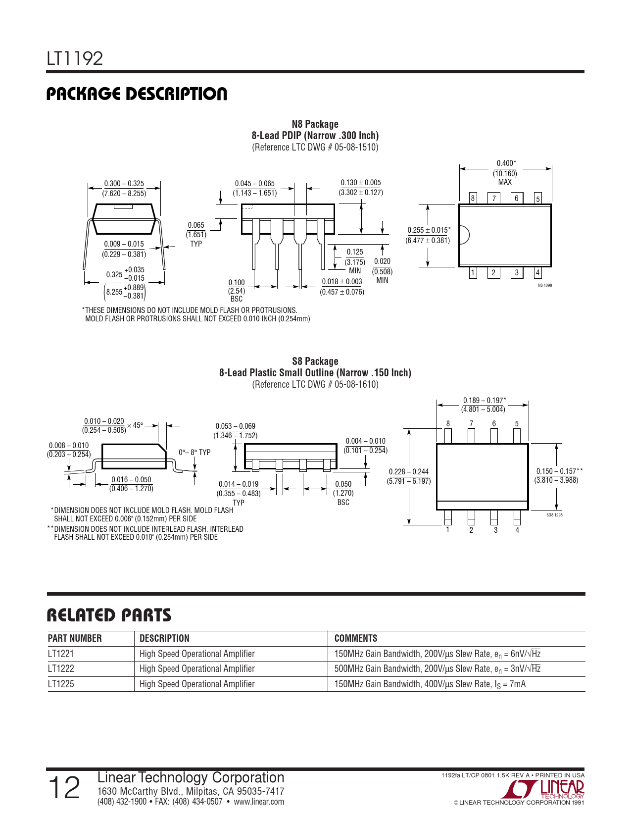 PACKAGE DESCRIPTIO N8 Package 8-Lead PDIP (Narrow .300 Inch) S8 Package 8-Lead Plastic Small Outline (Narrow .150 Inch)
