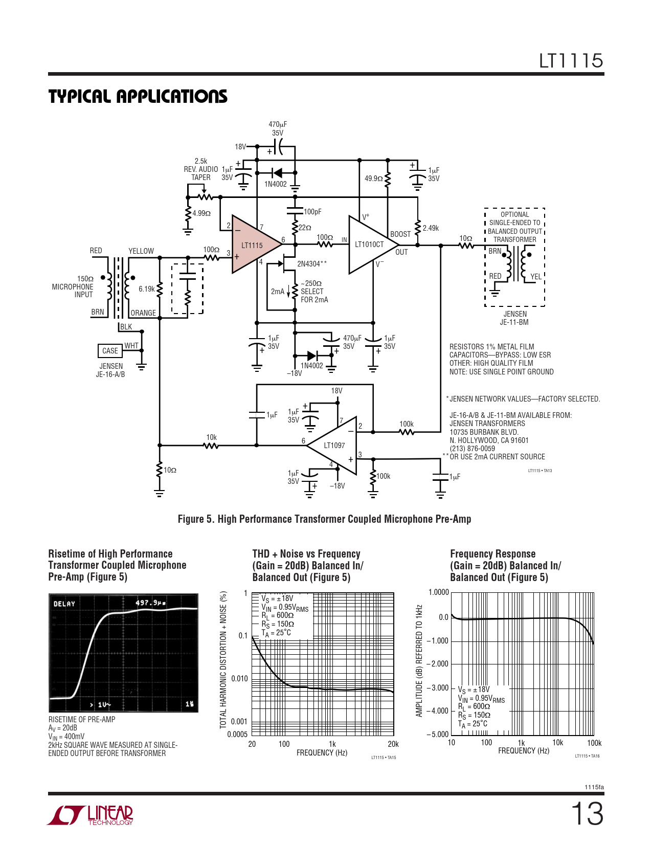 TYPICAL APPLICATIO S Figure 5 High Performance Transformer Coupled Microphone Pre-Amp Risetime of High Performance