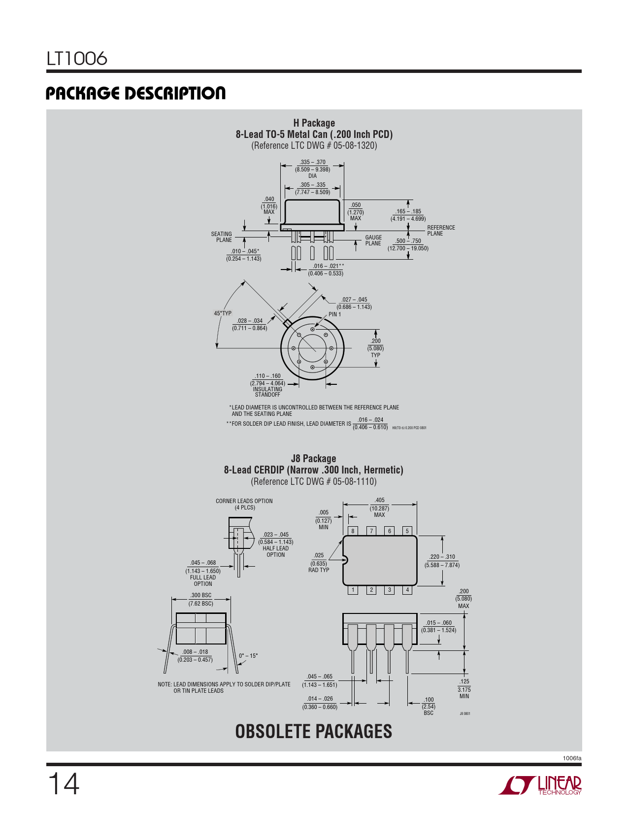 PACKAGE DESCRIPTIO. H Package. 8-Lead TO-5 Metal Can (.200 Inch 