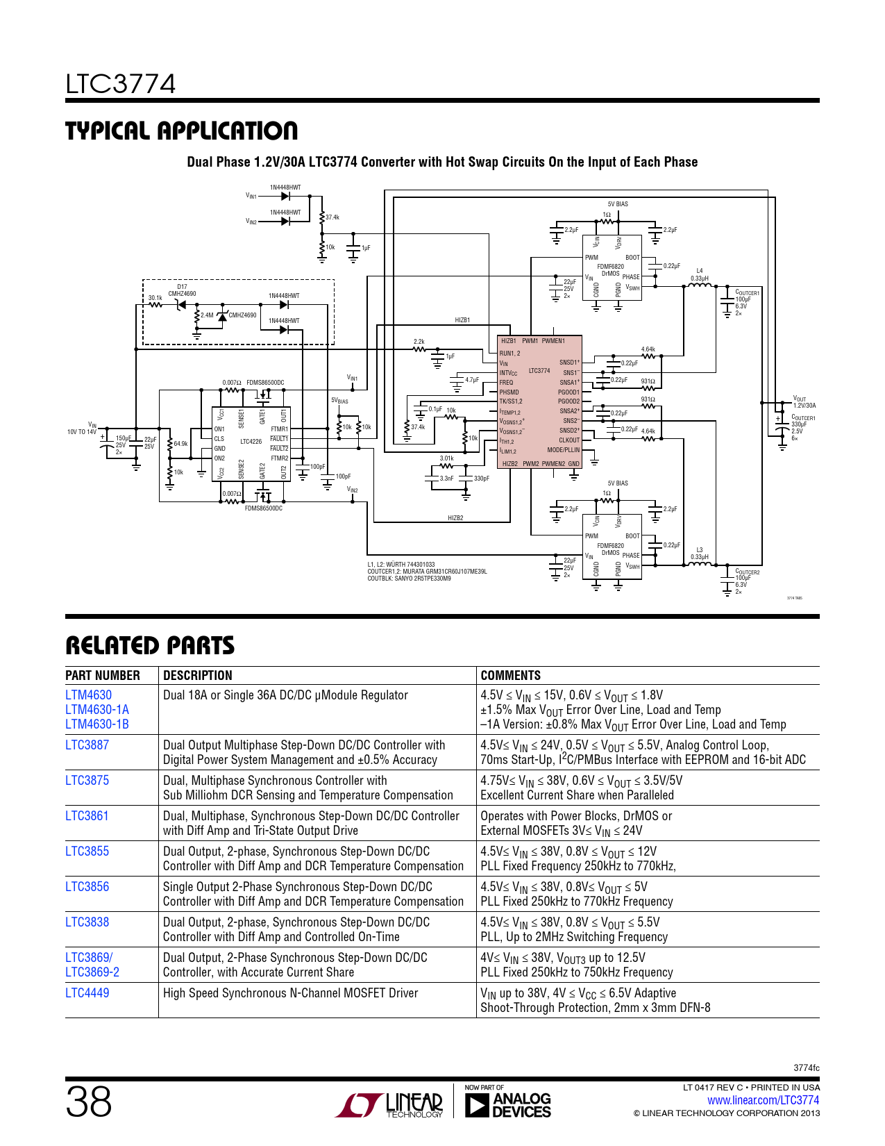 TYPICAL APPLICATION. Dual Phase 1.2V/30A LTC3774 Converter with Hot