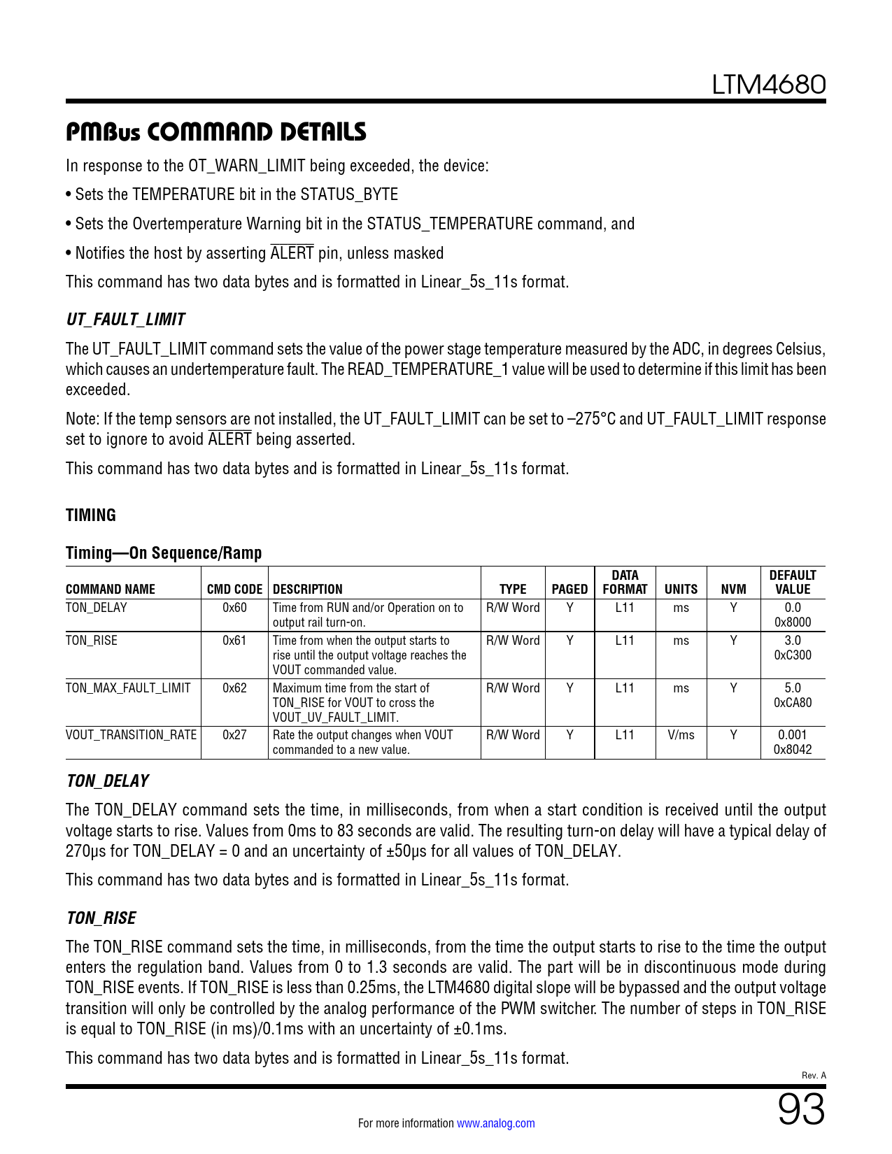 PMBus COMMAND DETAILS. UT_FAULT_LIMIT. TIMING. Timing—On Sequence/Ramp ...