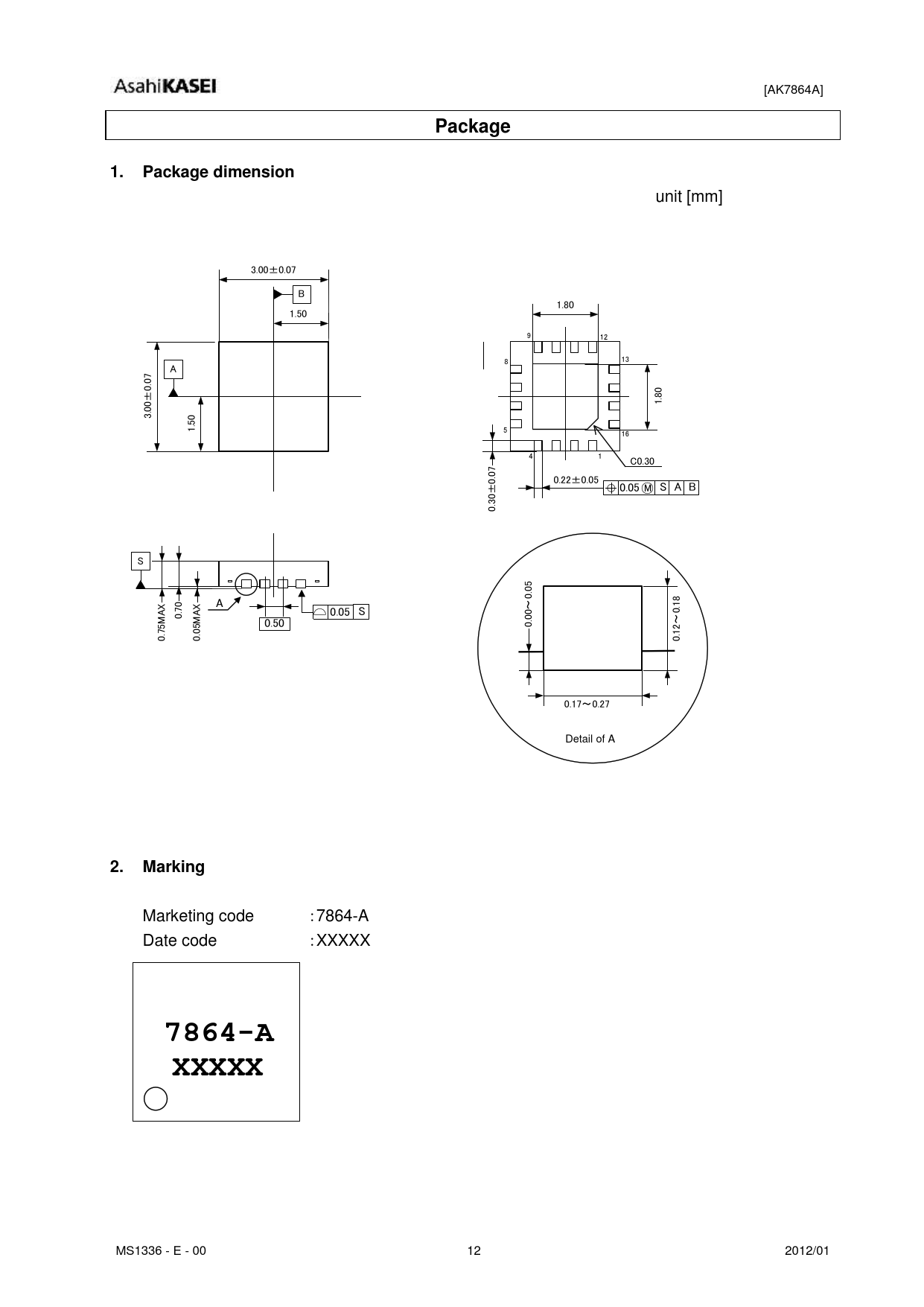 Package. 1. Package dimension. 2. Marking. 7864-A. XXXXX