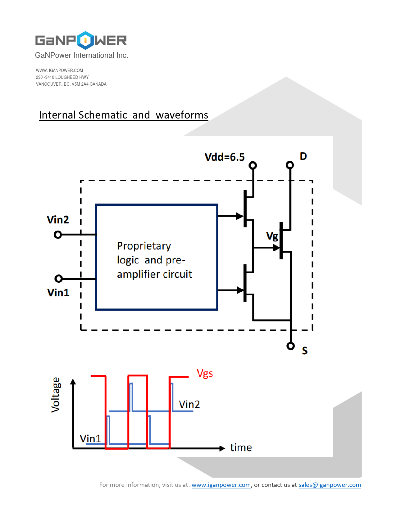 GaNPower. International. Inc. WWW. IGANPOWER.COM. 230. -3410. LOUGHEED.  HWY. VANCOUVER,. BC,. V5M. 2A4. CANADA. Internal. Schematic. and.  waveforms. For - Preliminary Datasheet GPI8HINOIC GaNPower International