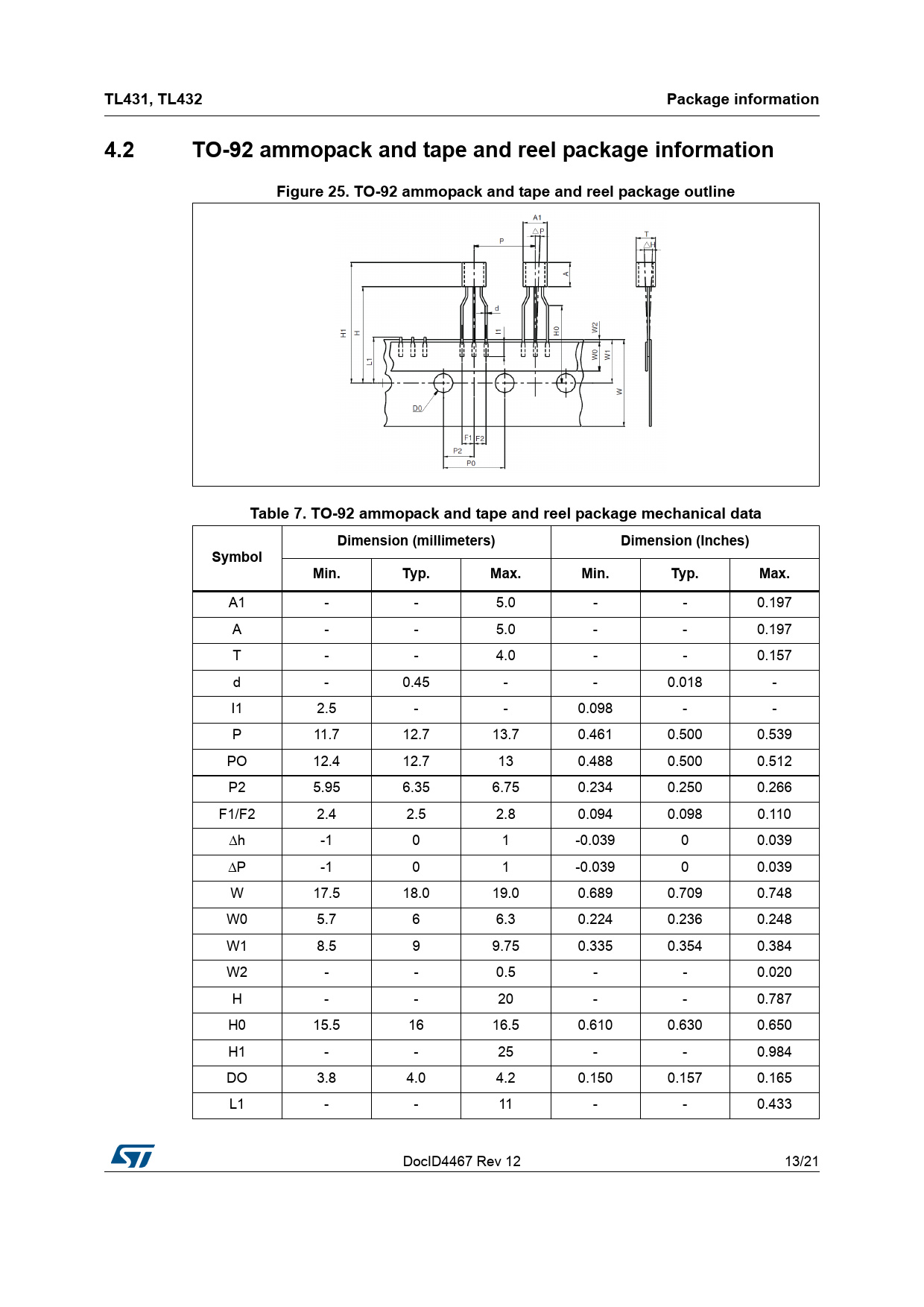 TL431, TL432 Package information 4.2 TO-92 ammopack and tape and reel package information