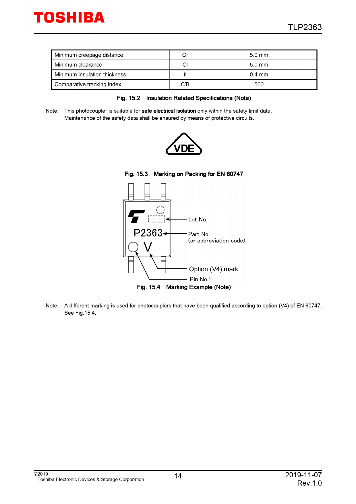TLP2363 Fig 15.2 Insulation Related Specifications (Note) Note: This photocoupler is suitable for safe electrical isolation only within