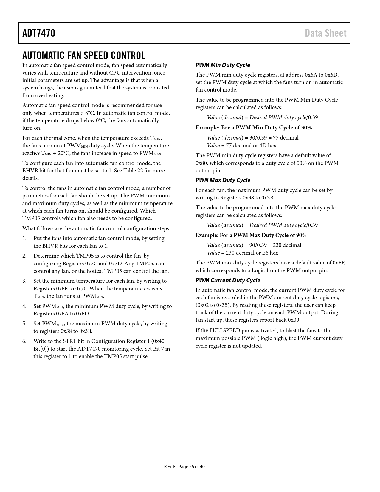 ADT7470. Data Sheet. AUTOMATIC FAN SPEED CONTROL. PWM Min Duty Cycle