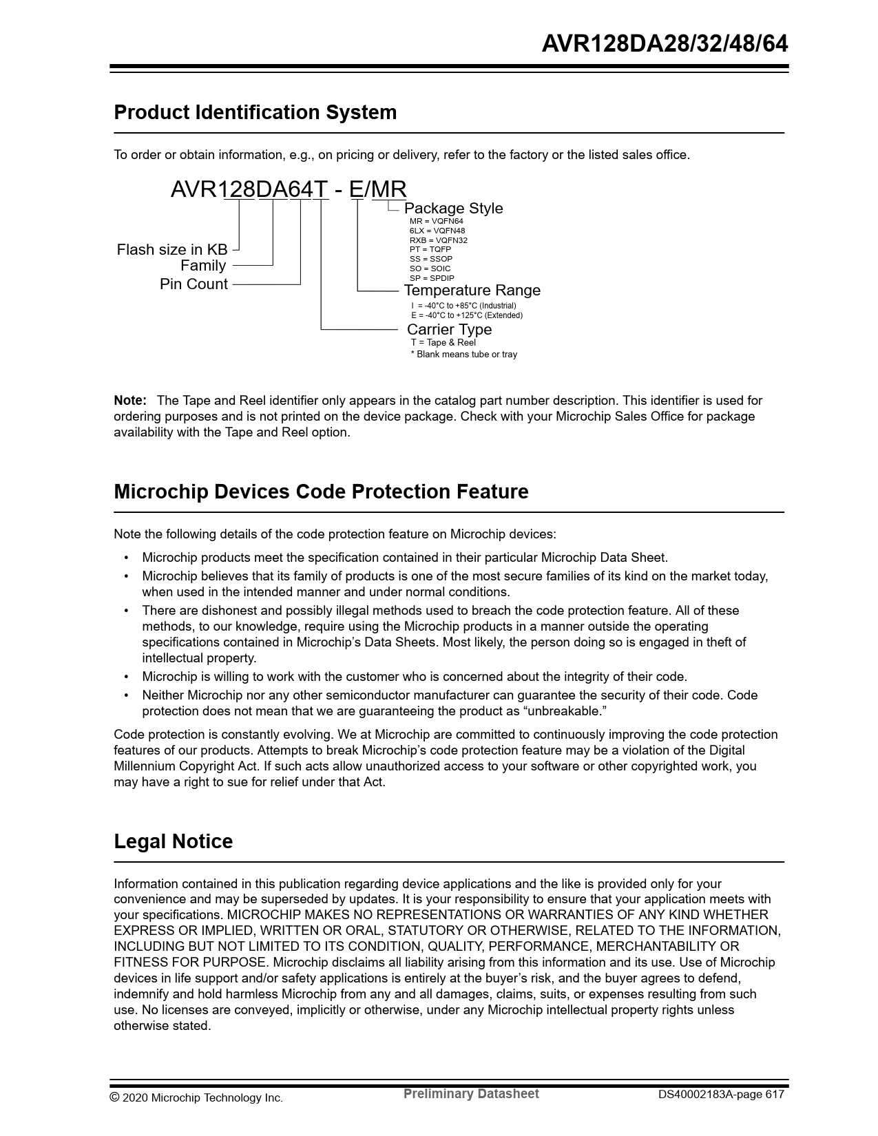 AVR128DA28/32/48/64. Product Identification System. Note . Microchip