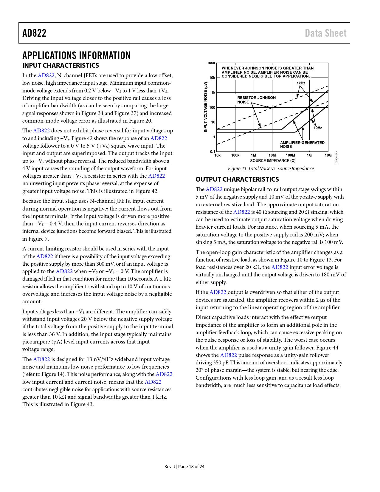 AD822. Data Sheet. APPLICATIONS INFORMATION INPUT CHARACTERISTICS. 100k ...