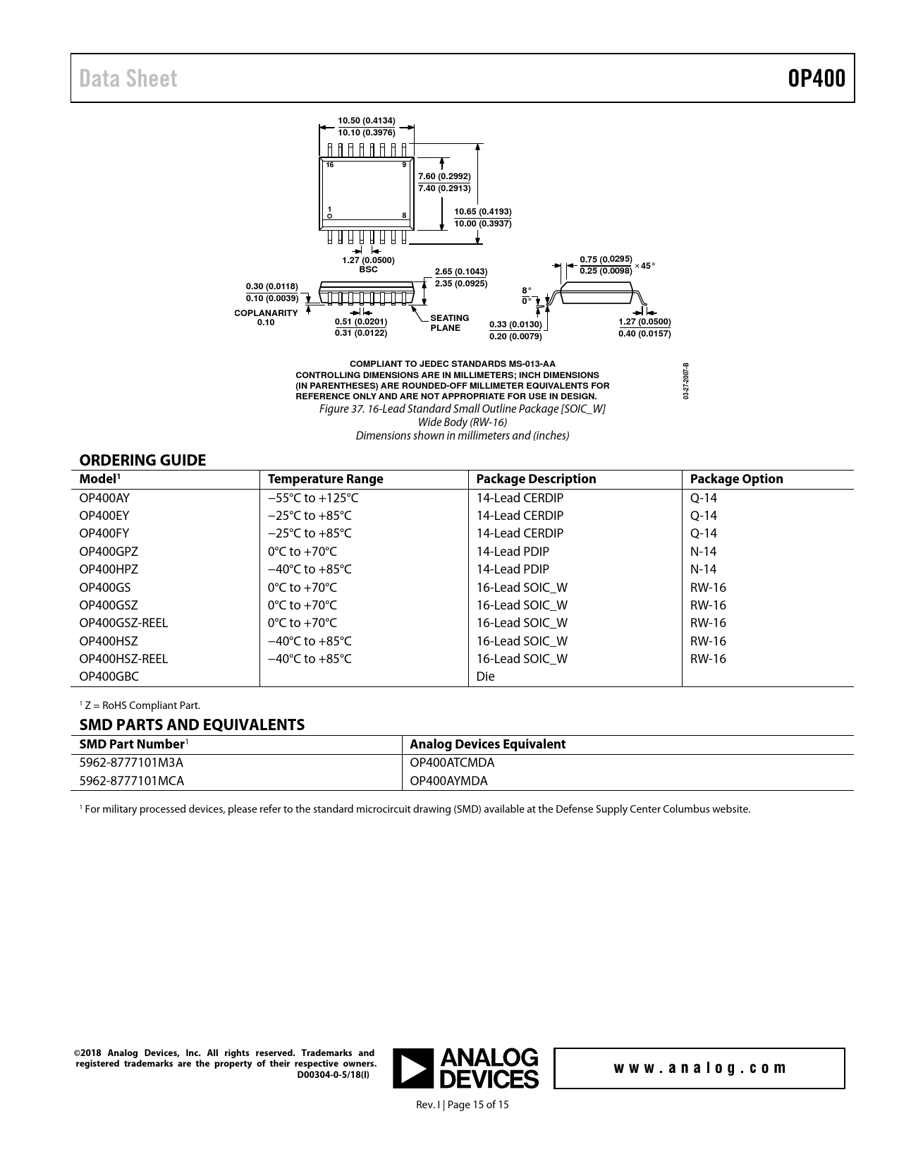 Data Sheet. OP400. 10.50 (0.4134) 10.10 (0.3976). 7.60 (0.2992) 7.40 (0 ...