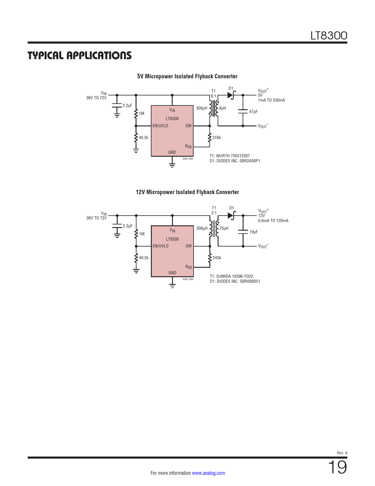 TYPICAL APPLICATIONS. 5V Micropower Isolated Flyback Converter. 12V Micropower Isolated Flyback