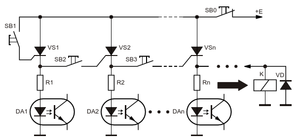 Тиристорная схема зависимо-последовательного включения нагрузок с общим единовременным сбросом (отключением) нагрузок