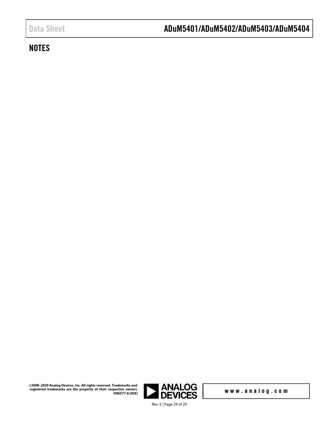 Data Sheet ADuM5401/ADuM5402/ADuM5403/ADuM5404 NOTES