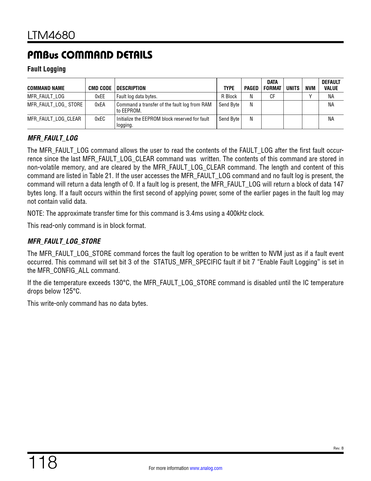 PMBus COMMAND DETAILS Fault Logging. DATA. DEFAULT. COMMAND NAME. CMD ...