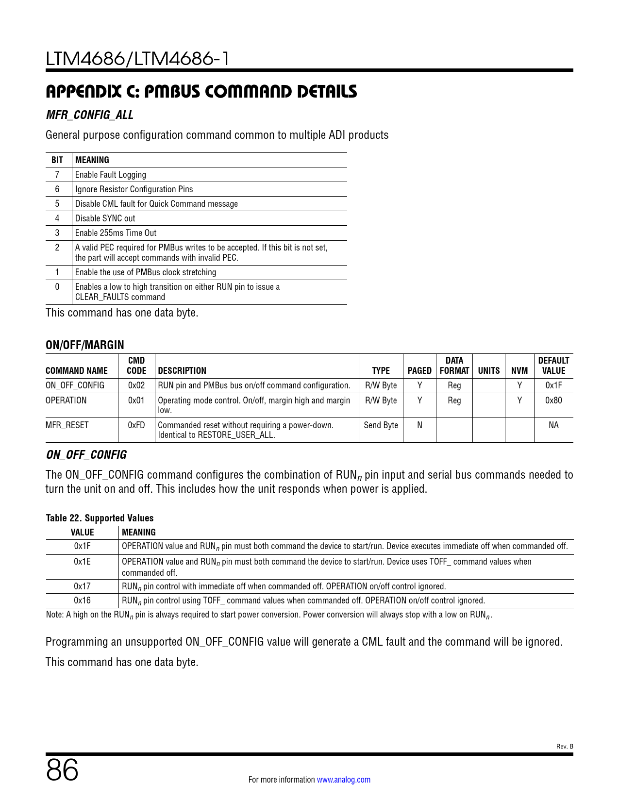 APPENDIX C: PMBUS COMMAND DETAILS MFR_CONFIG_ALL. BIT. MEANING. ON/OFF ...