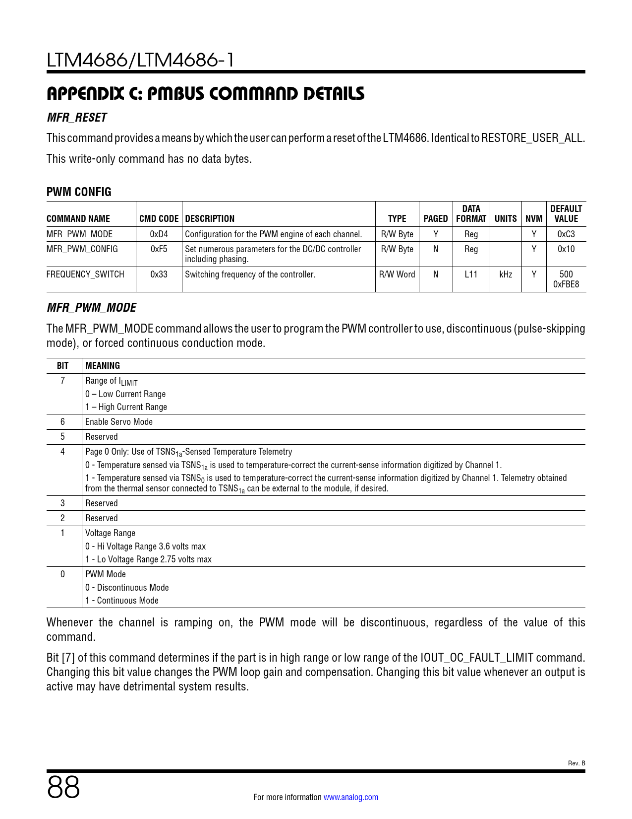 APPENDIX C: PMBUS COMMAND DETAILS MFR_RESET. PWM CONFIG. DATA. DEFAULT ...