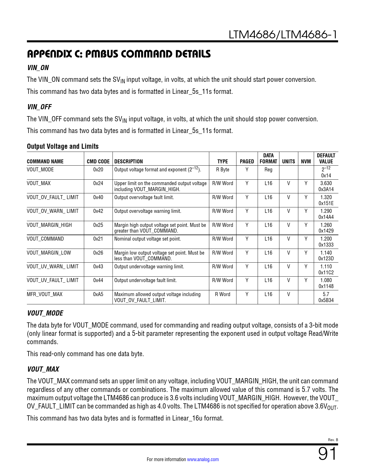APPENDIX C: PMBUS COMMAND DETAILS VIN_ON. VIN_OFF. Output Voltage and ...